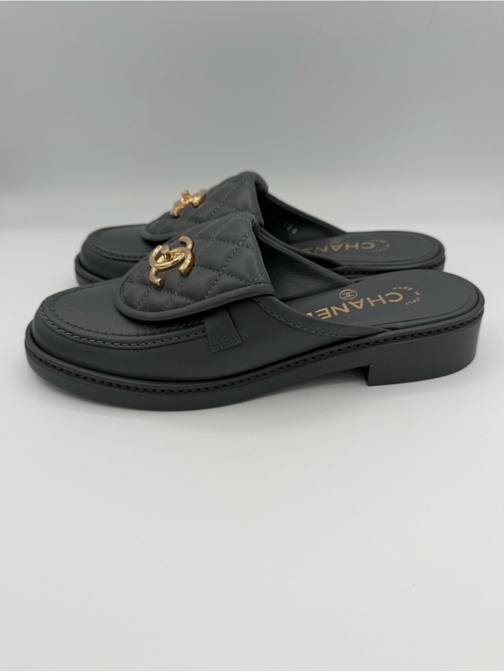 CHANEL Quilted Lambskin CC Loafer Mules Dark Gray Gold Hardware - size 36 - Picture 2 of 4
